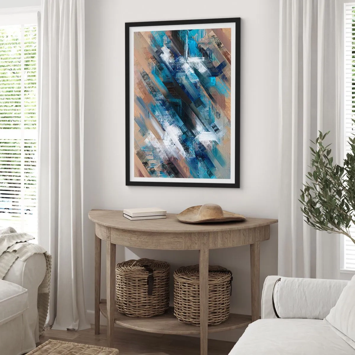 Poster in een zwarte lijst - Op een blauwe diagonaal - 70x100 cm