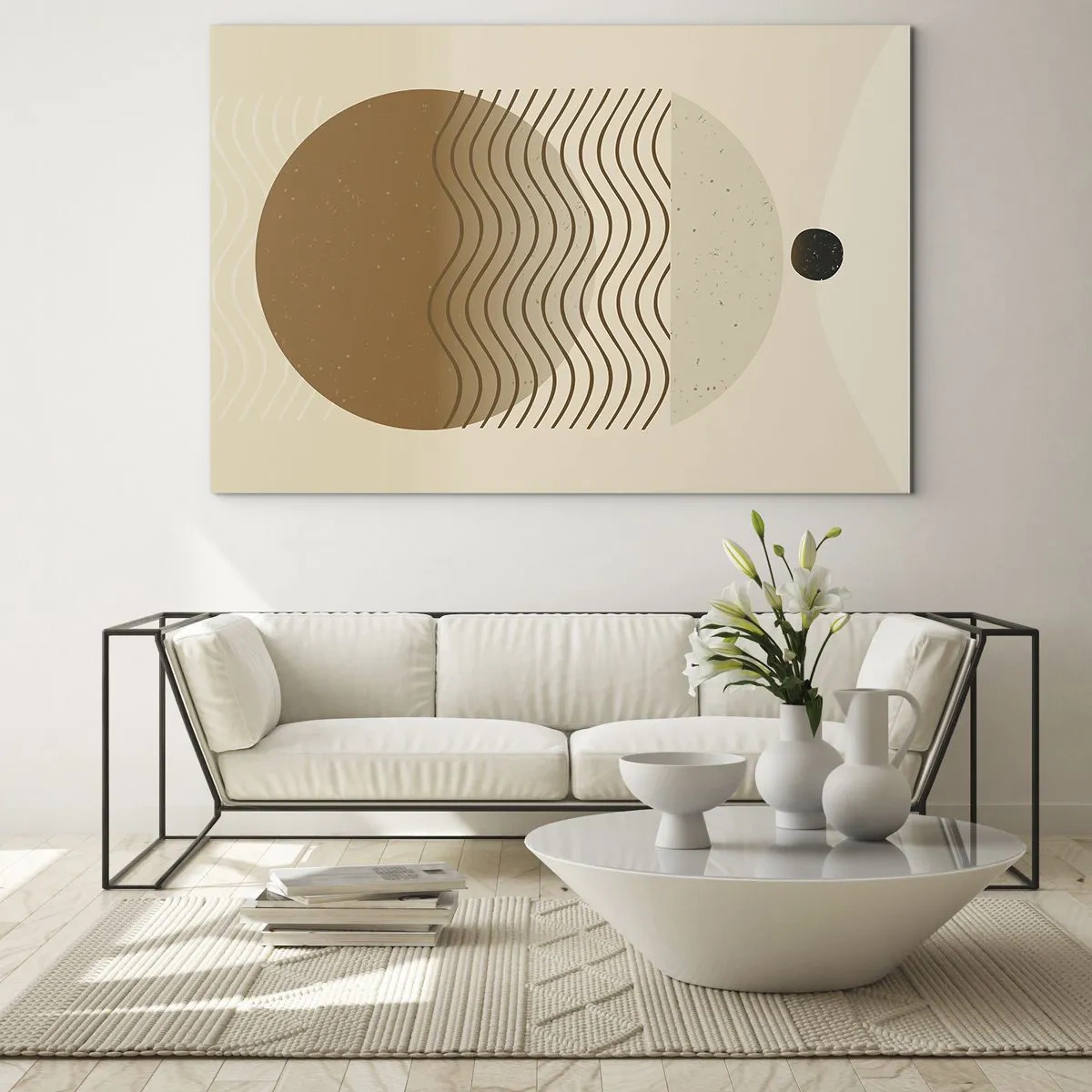 Schilderen op glas - Geometrische compositie met golven en cirkels in beige kleuren - 70x50cm - Over de oorsprong van geometrische figuren - Moderne wanddecoratie voor woonkamer en slaapkamer ARTTOR