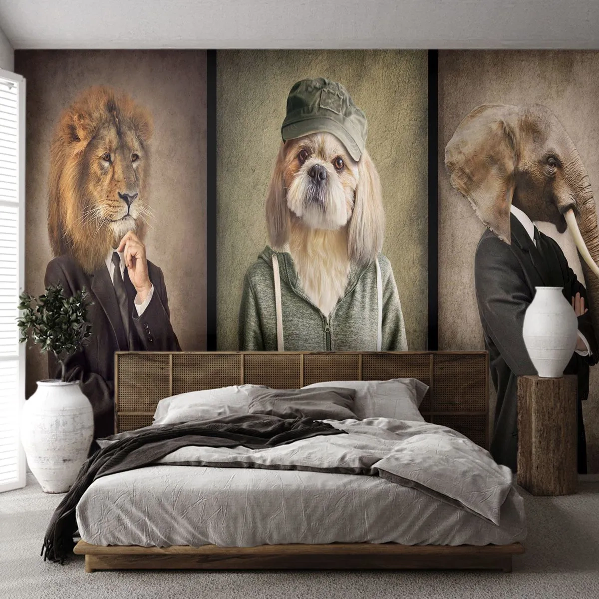 Fotobehang Standard Eco - Gestileerde portretten van dieren in menselijke kleding tegen een retro-achtergrond - 100x70cm - Ik heb liever losser - Moderne wanddecoratie voor woonkamer en slaapkamer ARTTOR