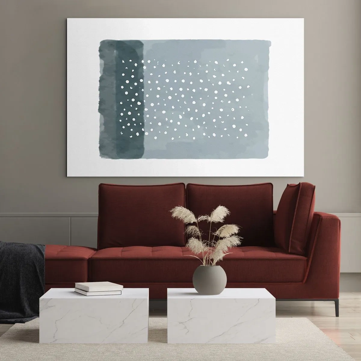 Schilderen op glas - Een abstract schilderij in blauwtinten met witte stippen. - 70x50cm - Gegroeid op blauw - Moderne wanddecoratie voor woonkamer en slaapkamer ARTTOR