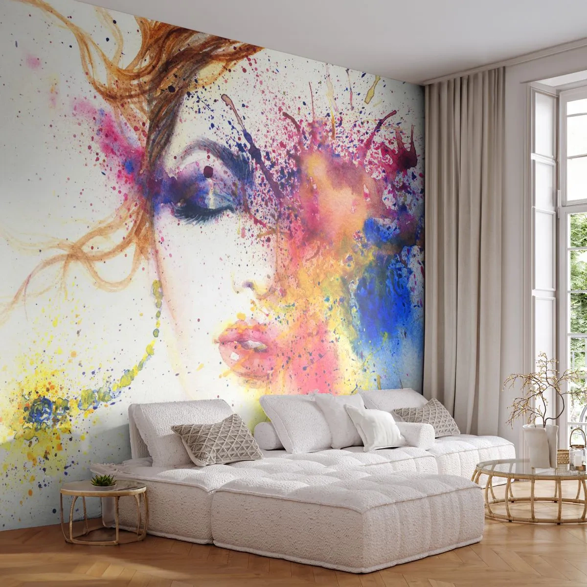 Fotobehang Premium Sand - Regenboogduizeligheid - Abstractie, Het gezicht van de vrouw, Portret van een vrouw - 100x70 cm