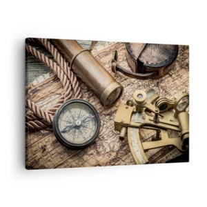 Schilderen op canvas - Een kompas, sextant en telescoop tegen de achtergrond van een oude kaart en nautisch touw. - 70x50cm - Zet koers - Moderne wanddecoratie voor woonkamer en slaapkamer ARTTOR