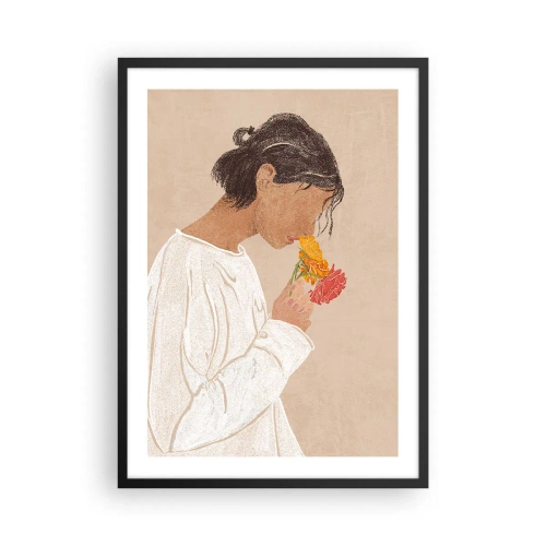 Poster in een zwarte lijst - Een vrouw in het wit die reflecteert op bloemen - 50x70cm - Meisje en bloemen - Moderne wanddecoratie voor woonkamer en slaapkamer ARTTOR