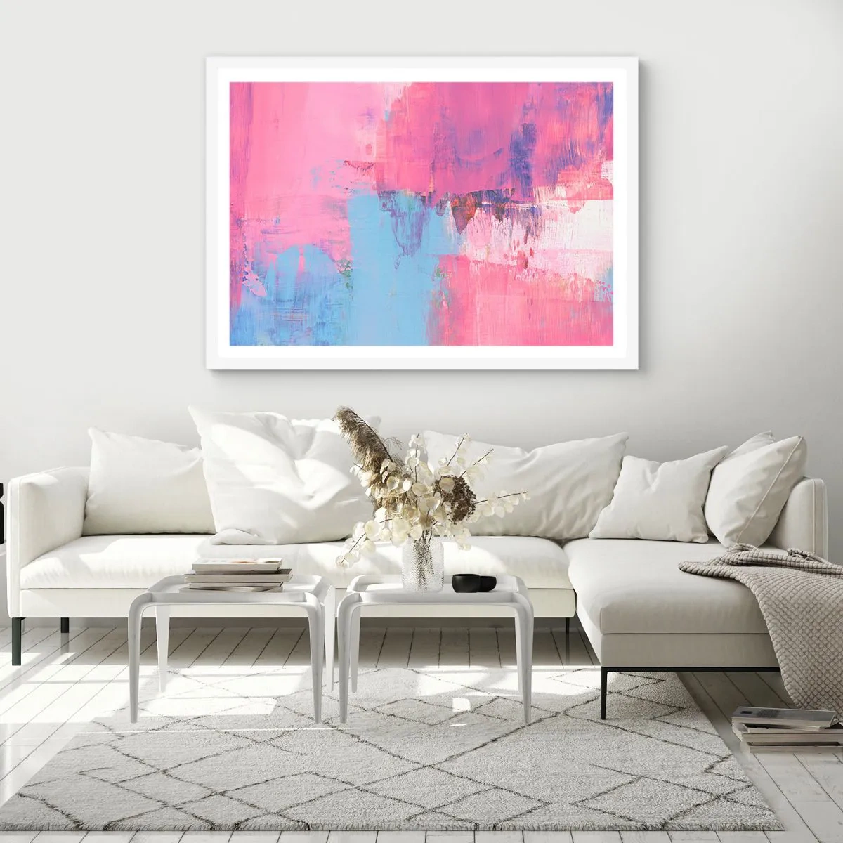 Poster in een witte lijst - Roze, blauw en een vleugje licht - 100x70 cm