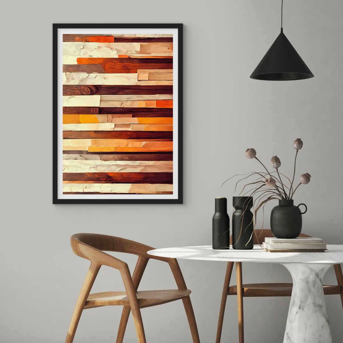 Poster in een zwarte lijst - Een abstracte compositie van houten panelen in warme kleuren. - 50x70cm - Anthem van de bosbomen - Moderne wanddecoratie voor woonkamer en slaapkamer ARTTOR