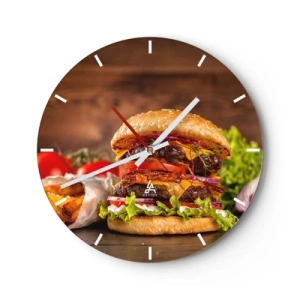Wandklok - Klok - Sappige hamburger met toppings op een houten achtergrond - 30x30cm - Verboden fruit - Moderne wanddecoratie voor woonkamer, keuken en slaapkamer ARTTOR