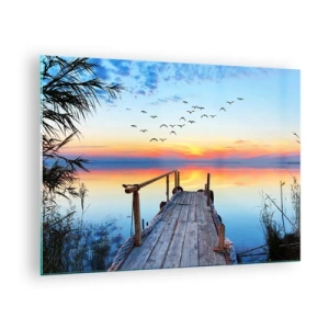 Schilderen op glas - Een houten steiger boven een meer bij zonsondergang met een zwerm vogels erboven - 70x50cm - Het is tijd om terug te gaan... - Moderne wanddecoratie voor woonkamer en slaapkamer ARTTOR