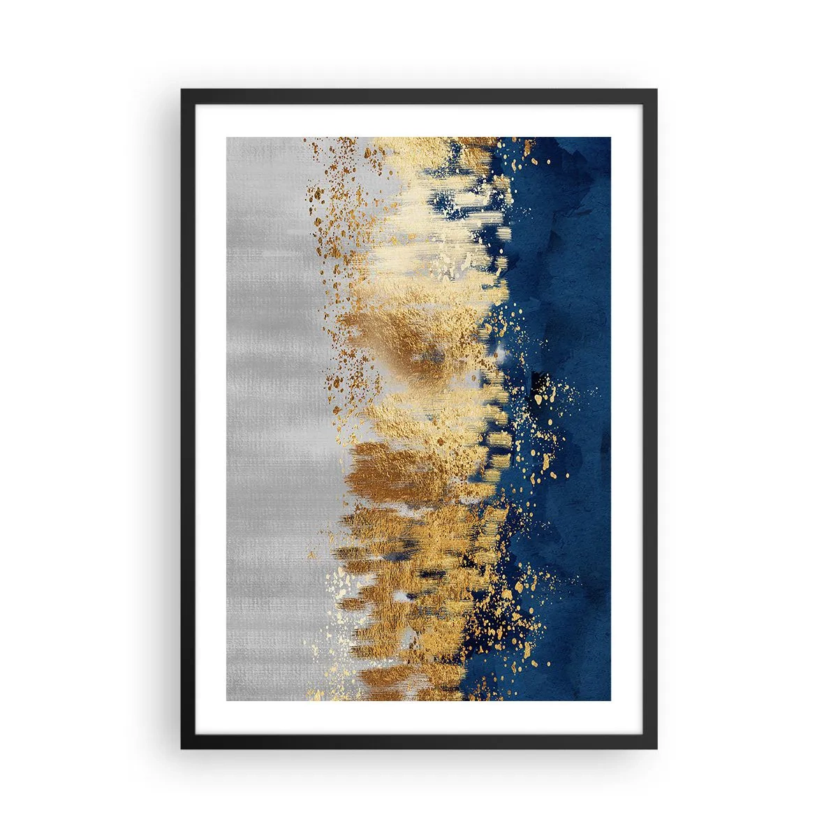 Poster in een zwarte lijst - Een abstracte compositie in tinten marineblauw, goud en zilver - 50x70cm - Een moderne compositie met sprankeling - Moderne wanddecoratie voor woonkamer en slaapkamer ARTTOR