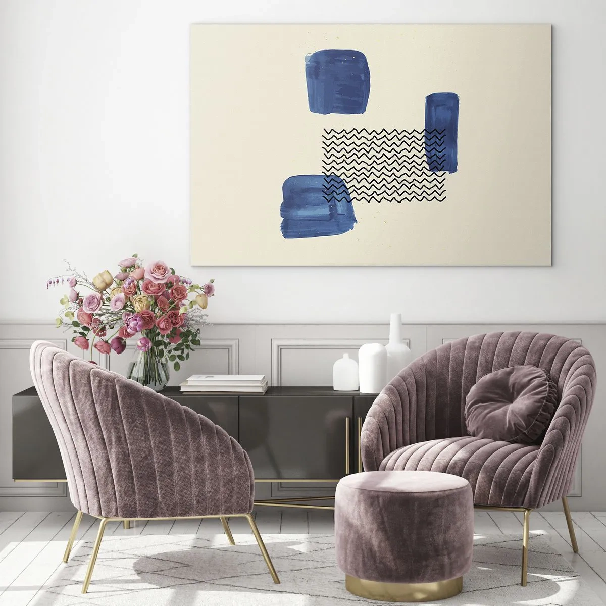 Schilderen op glas - Moderne abstractie met blauwe accenten - 70x50cm - Een abstract kwartet - Moderne wanddecoratie voor woonkamer en slaapkamer ARTTOR