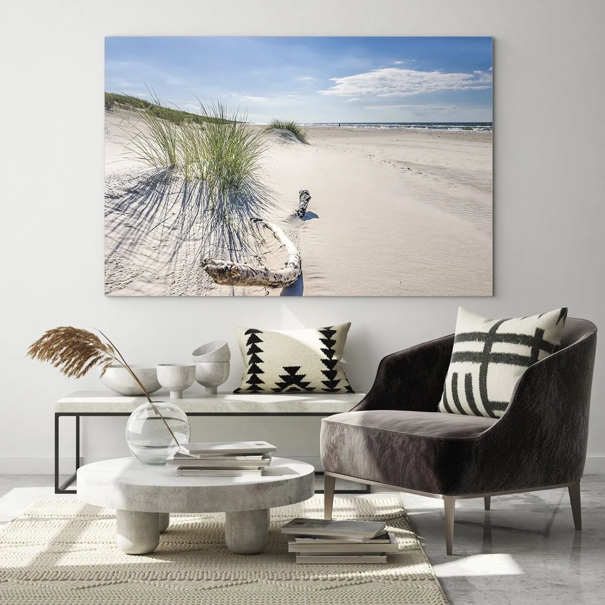 Schilderen op glas - Een zonnig strand met duinen en zeegras - 70x50cm - De mooiste zandstrand? Oostzee-strand - Moderne wanddecoratie voor woonkamer en slaapkamer ARTTOR
