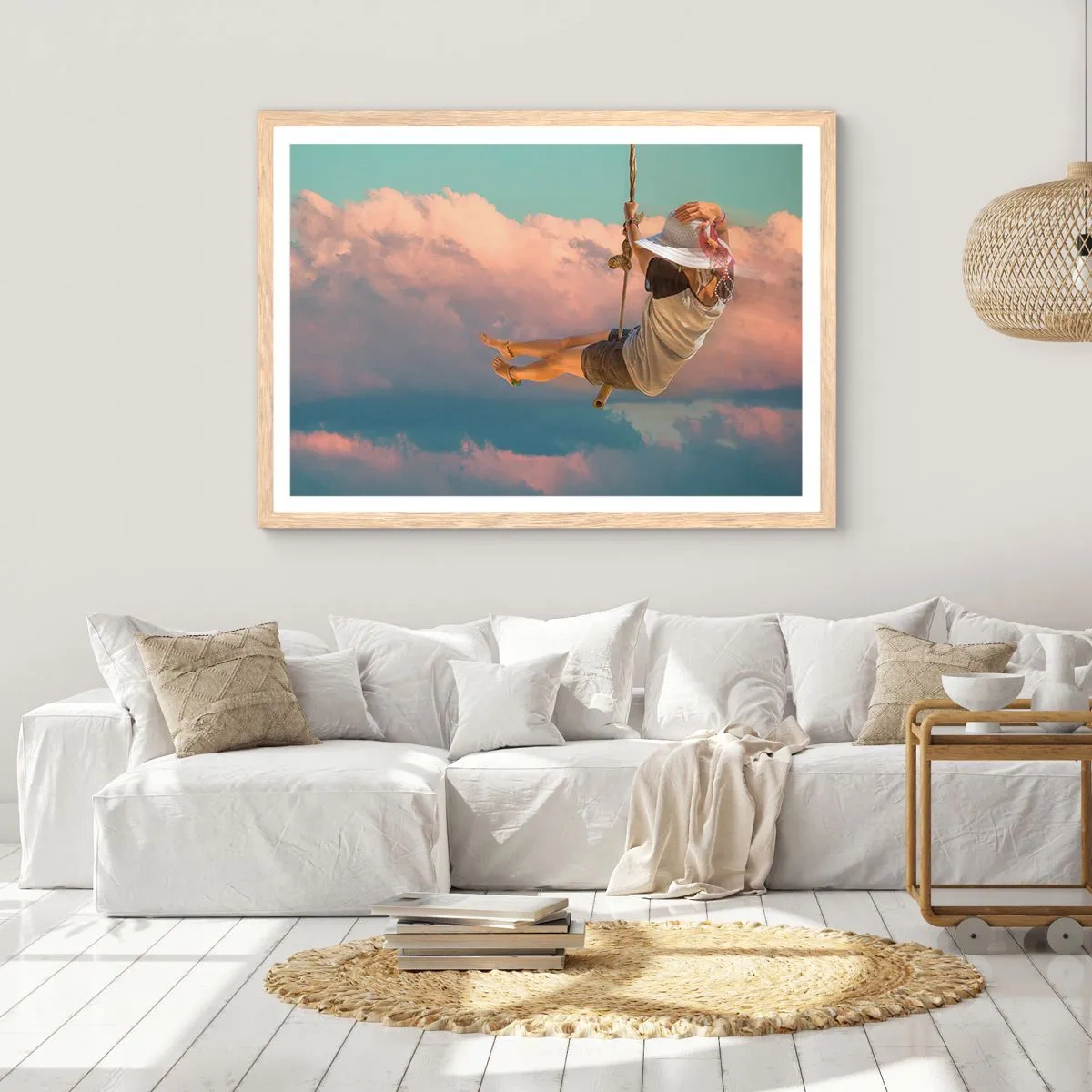 Een poster in een licht eiken lijst - Plezier in de wolken - 100x70 cm