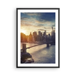Poster in een zwarte lijst - Uitzicht op Manhattan bij zonsondergang met de Brooklyn Bridge - 50x70cm - Westers cultuurmonument - Moderne wanddecoratie voor woonkamer en slaapkamer ARTTOR