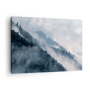 Schilderen op canvas - Mist hangt boven de beboste berghellingen in een mysterieus landschap - 70x50cm - Mystiek van de bergen - Moderne wanddecoratie voor woonkamer en slaapkamer ARTTOR
