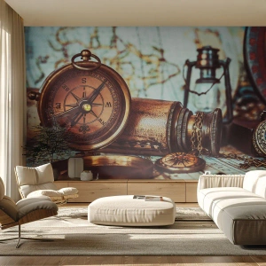 Fotobehang Standard Eco - Antiek kompas en vintage kaart - 100x70cm - Een piratenavontuur in het Caribisch gebied wacht op je - Moderne wanddecoratie voor woonkamer en slaapkamer ARTTOR