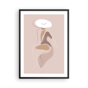 Poster in een zwarte lijst - Minimalistisch beeld van een vrouw met een hoed op een beige achtergrond. - 50x70cm - Een dame zijn - Moderne wanddecoratie voor woonkamer en slaapkamer ARTTOR