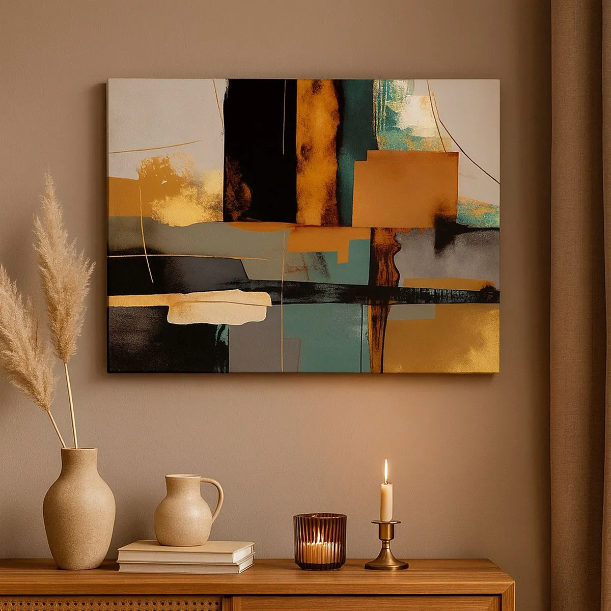 Schilderen op canvas - Abstracte compositie met gouden en turquoise elementen - 70x50cm - Abstractie – licht en schaduw - Moderne wanddecoratie voor woonkamer en slaapkamer ARTTOR