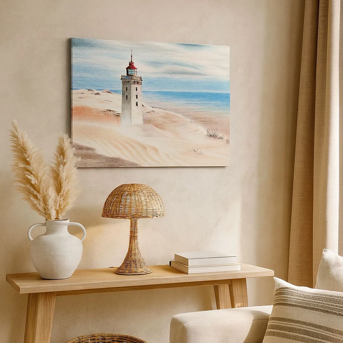 Schilderen op canvas - Een vuurtoren omgeven door zandduinen en een blauwe lucht - 70x50cm - Altijd staren naar de zee - Moderne wanddecoratie voor woonkamer en slaapkamer ARTTOR