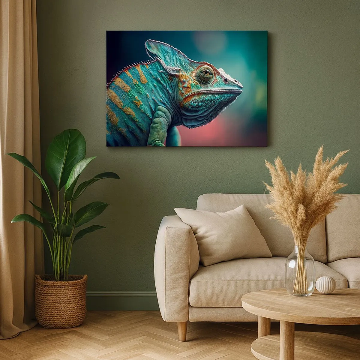 Schilderen op canvas - Close-up van een kameleon in intense kleuren - 70x50cm - Jij ziet mij? Niet goed… - Moderne wanddecoratie voor woonkamer en slaapkamer ARTTOR