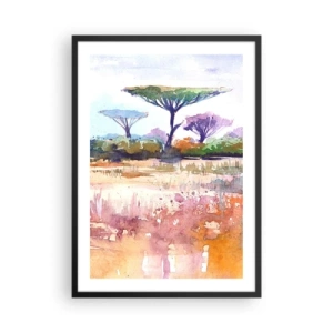Poster in een zwarte lijst - Een aquarel van een savannelandschap met acaciabomen. - 50x70cm - Savanne kleuren - Moderne wanddecoratie voor woonkamer en slaapkamer ARTTOR