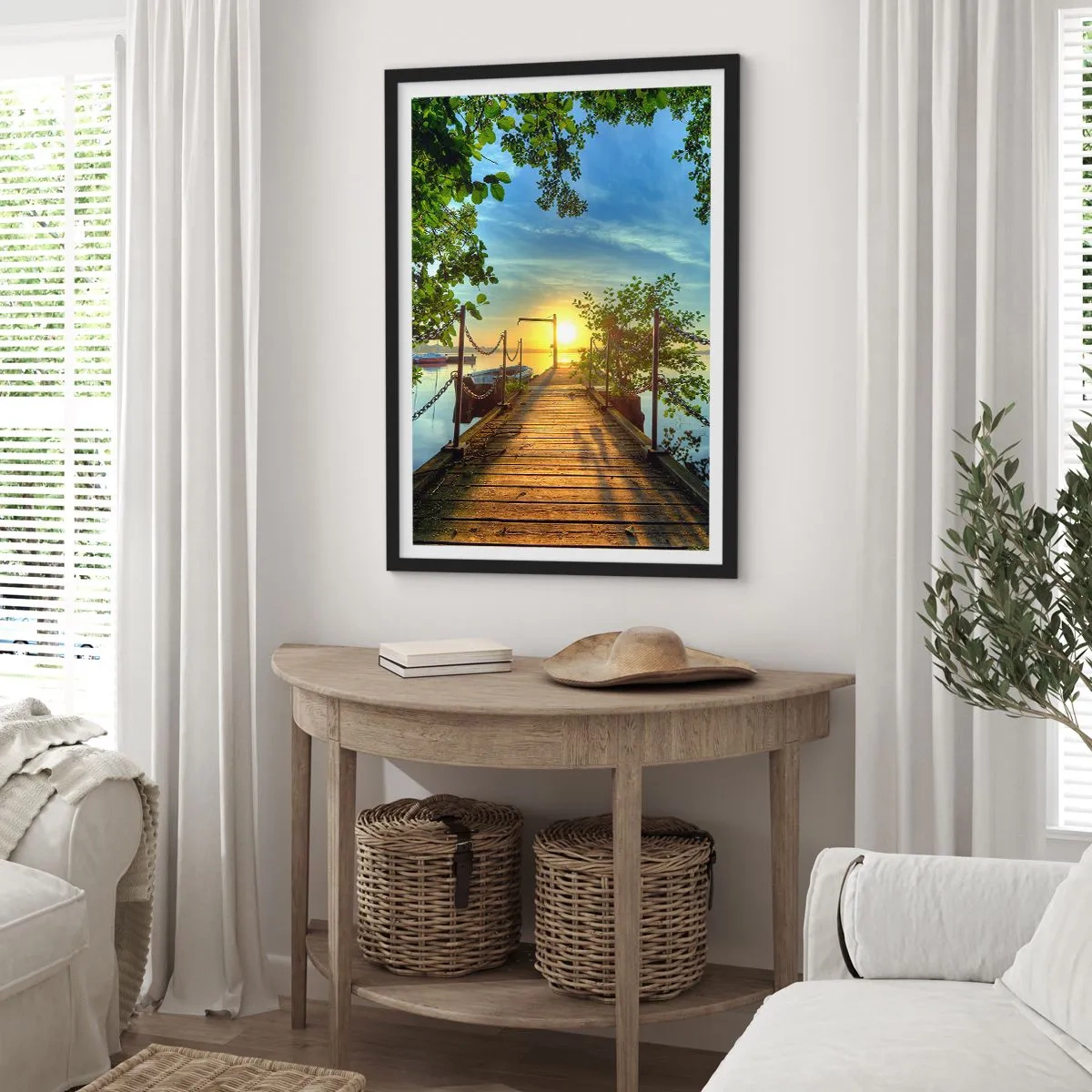 Poster in een zwarte lijst - Houten steiger over het meer bij zonsondergang - 50x70cm - Zonsondergang boven het water - Moderne wanddecoratie voor woonkamer en slaapkamer ARTTOR