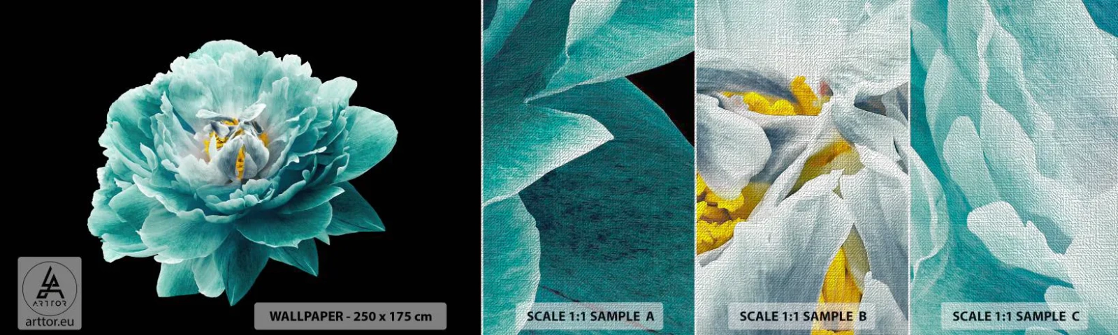 Fotobehang Monster Premium Canvas - Blauwe en gouden bloemblaadjes - Bloem, Bloeiend, Pioen - 100x30 cm