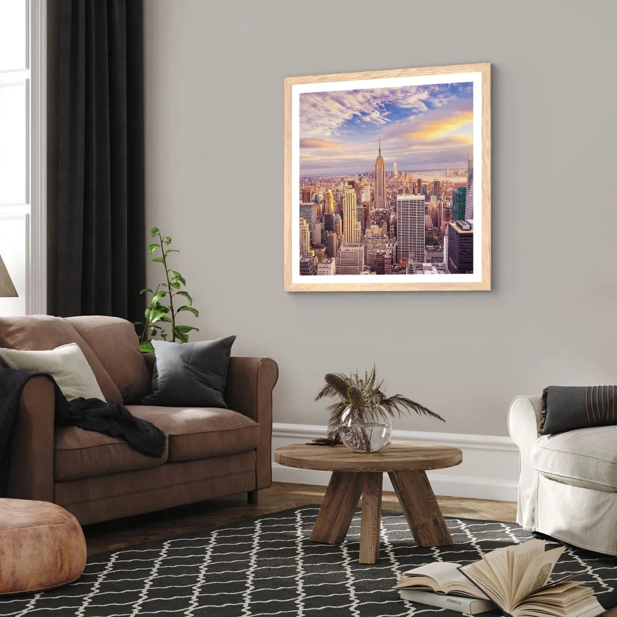 Een poster in een licht eiken lijst - Reik alleen naar de wolken - 60x60 cm