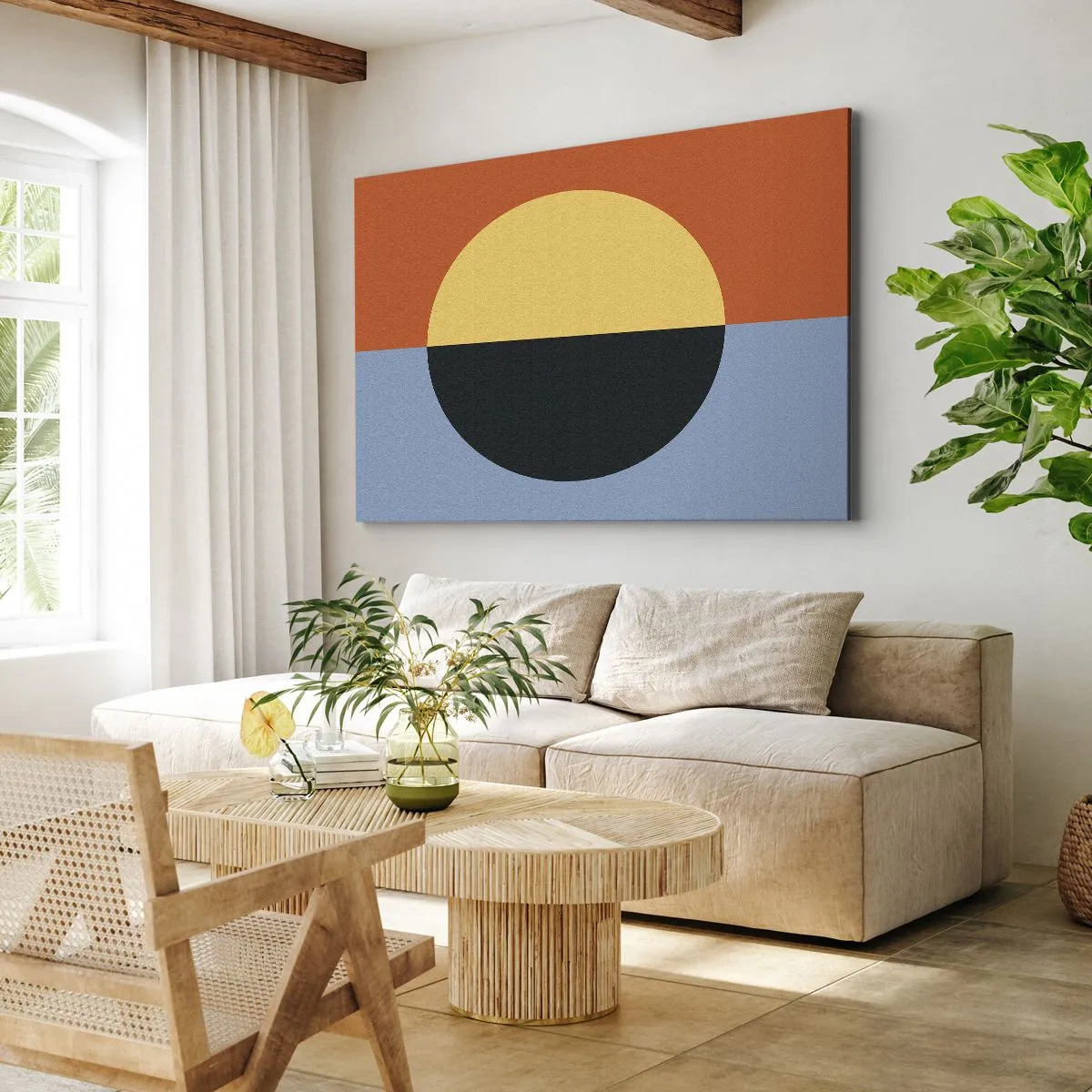 Schilderen op canvas - Geometrische abstractie met contrasterende kleuren - 70x50cm - Een compositie van warmte en koelte - Moderne wanddecoratie voor woonkamer en slaapkamer ARTTOR