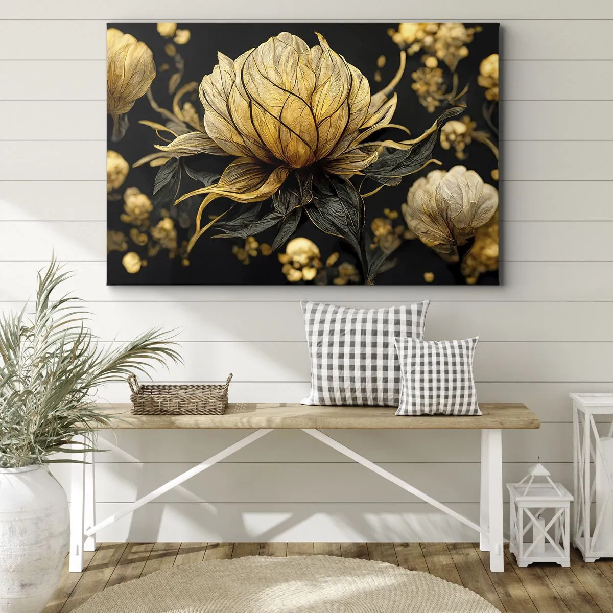Schilderen op canvas - Gouden bloem op een donkere achtergrond - 70x50cm - Subtiele kwetsbaarheid - Moderne wanddecoratie voor woonkamer en slaapkamer ARTTOR