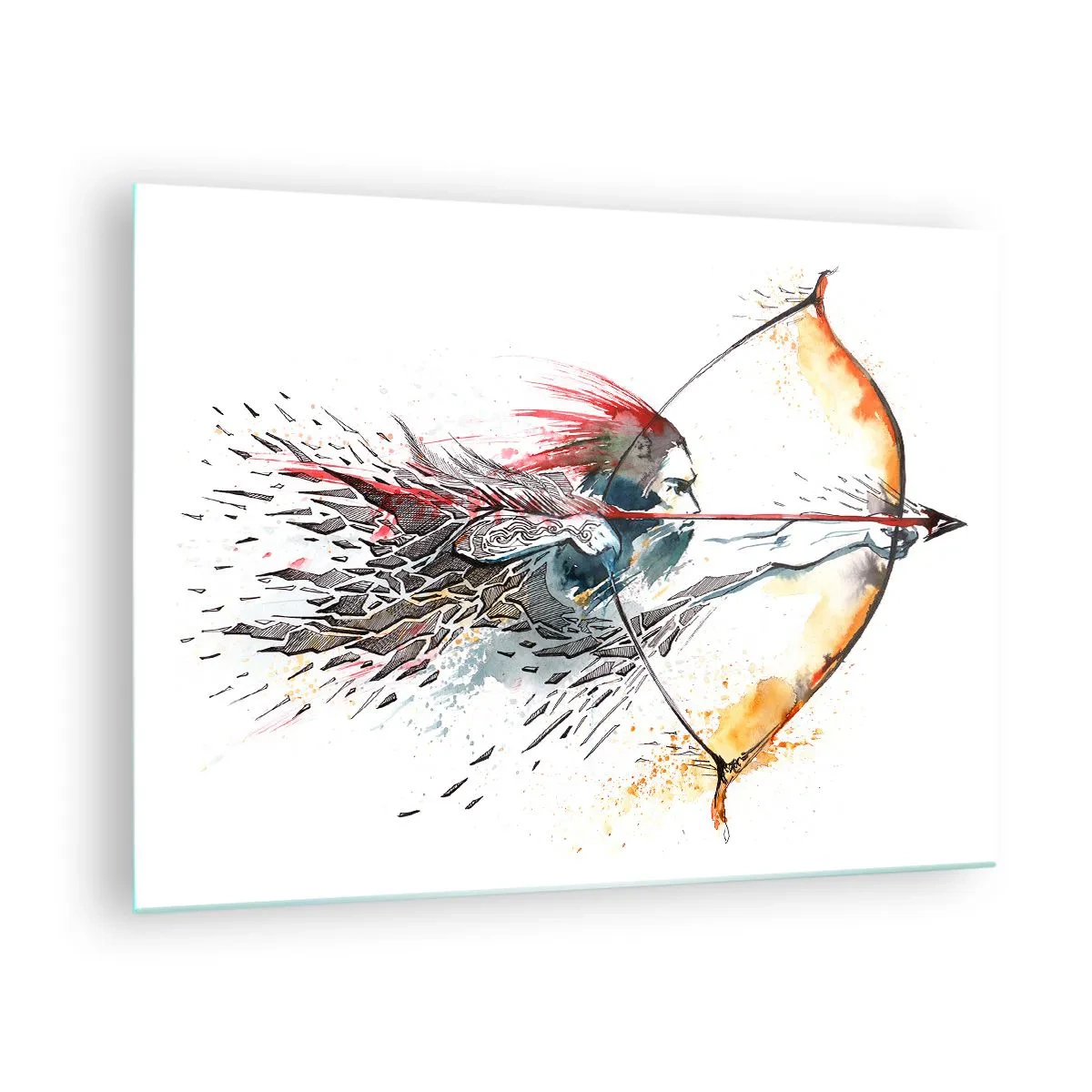 Schilderen op glas - Boogschutter in een dynamische aquarelomgeving - 70x50cm - Mythische krijger met een vurige boog - Moderne wanddecoratie voor woonkamer en slaapkamer ARTTOR