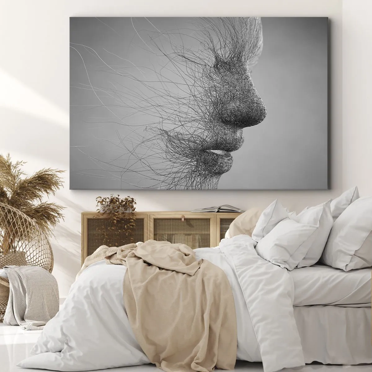 Schilderen op canvas - Artistiek gezichtsprofiel gecreëerd met delicate lijnen - 70x50cm - De geest van de wind - Moderne wanddecoratie voor woonkamer en slaapkamer ARTTOR