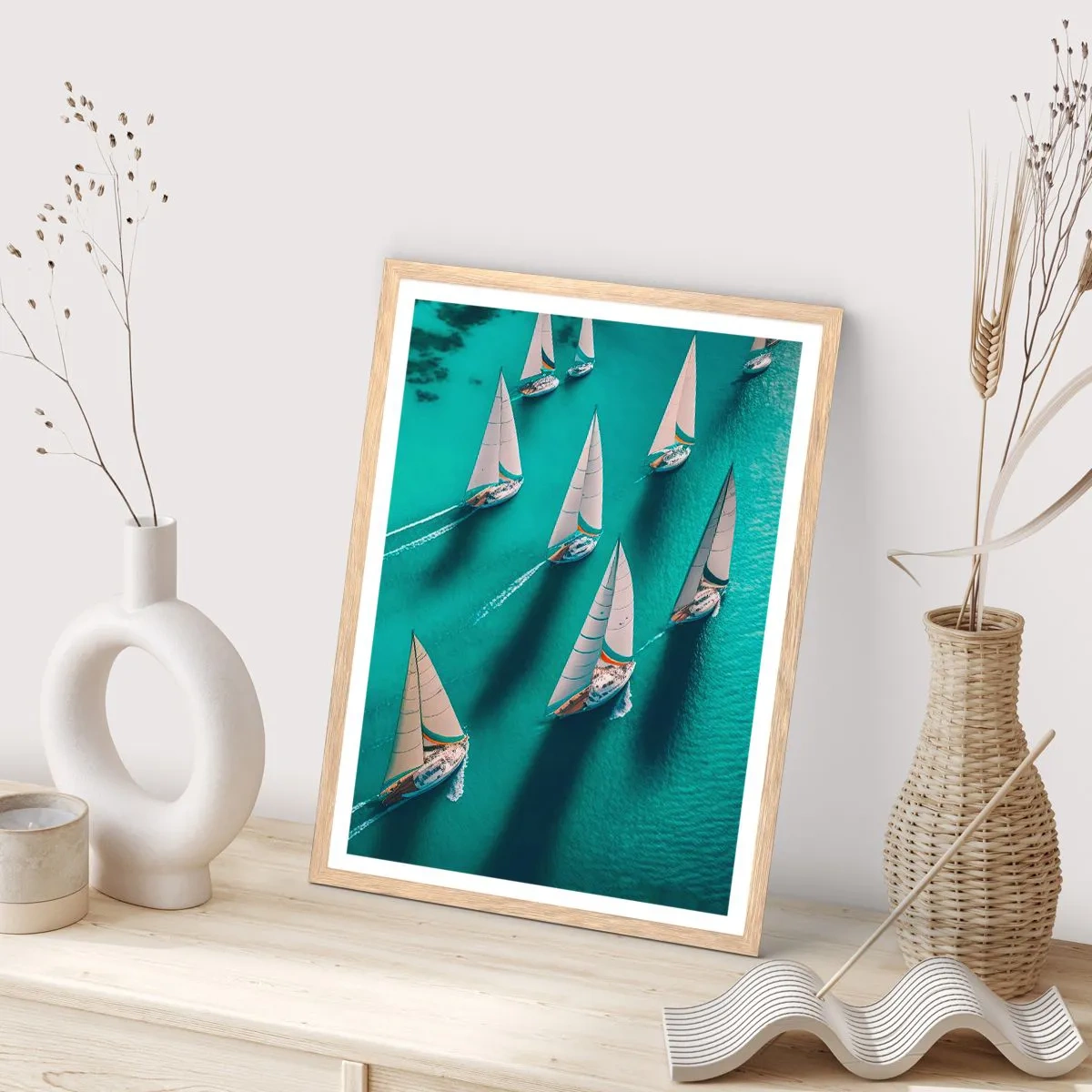 Een poster in een licht eiken lijst - In een wedstrijd met de wind - 70x100 cm