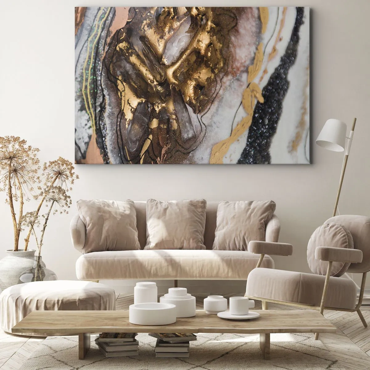 Schilderen op canvas - Abstracte compositie met elementen van goud en kristallen - 70x50cm - Het element aarde - Moderne wanddecoratie voor woonkamer en slaapkamer ARTTOR
