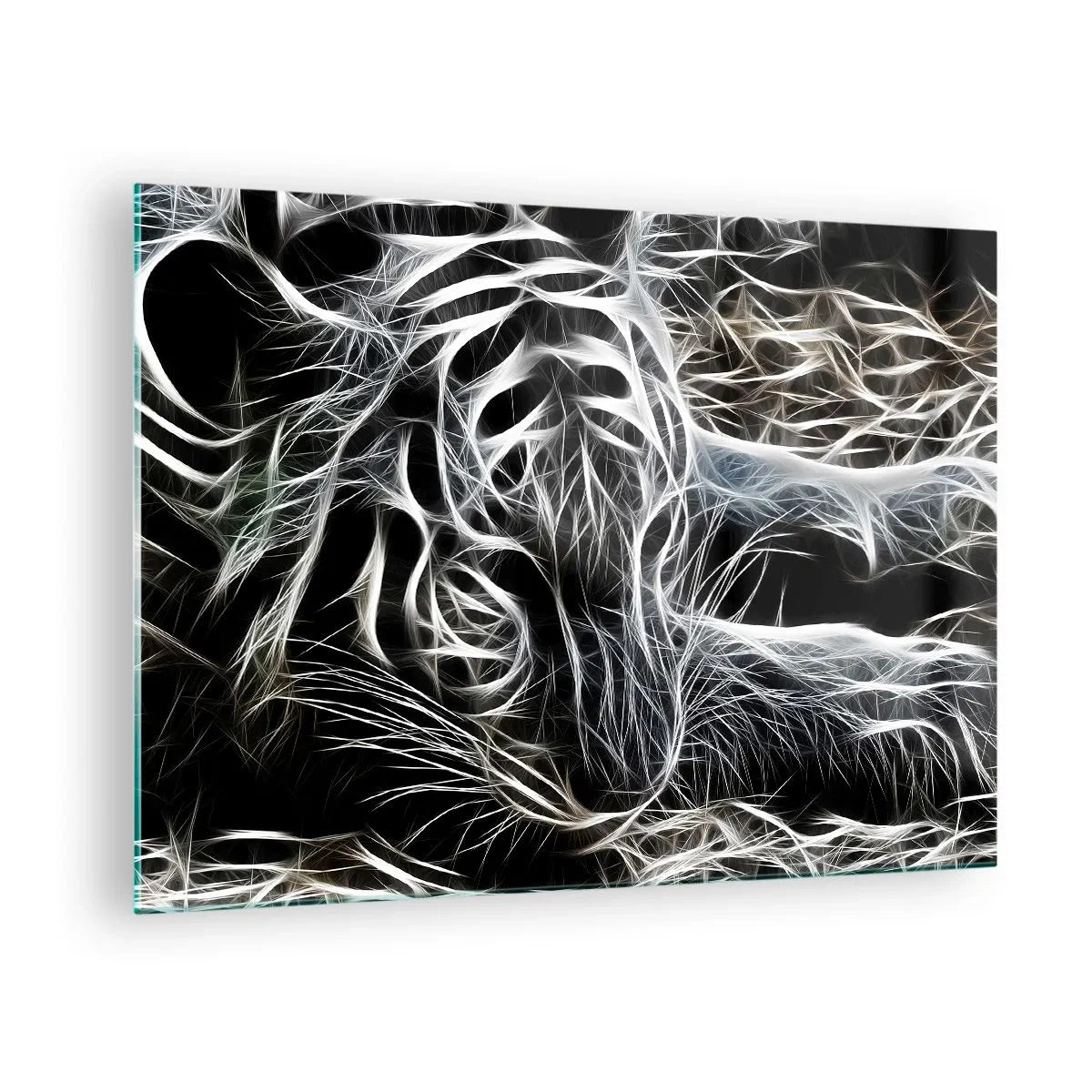 Schilderen op glas - Abstracte tijger in lichtgevende lijnen op een zwarte achtergrond - 70x50cm - Een onderzoek naar de lichtheid van katten - Moderne wanddecoratie voor woonkamer en slaapkamer ARTTOR