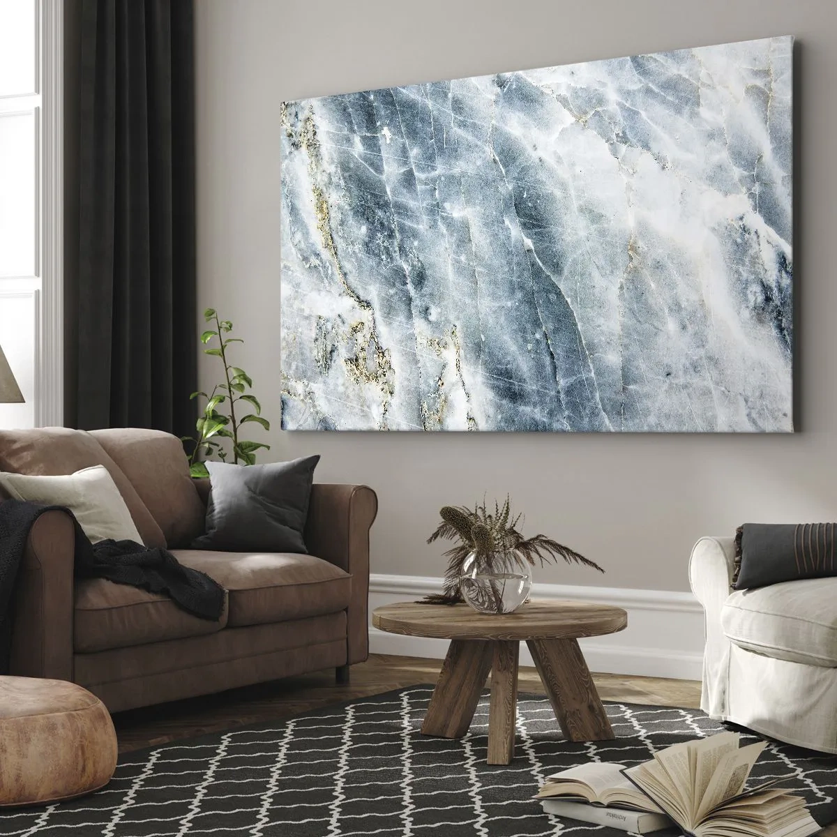 Schilderen op canvas - Marmertextuur in tinten blauw en wit - 70x50cm - Ijs wereld - Moderne wanddecoratie voor woonkamer en slaapkamer ARTTOR