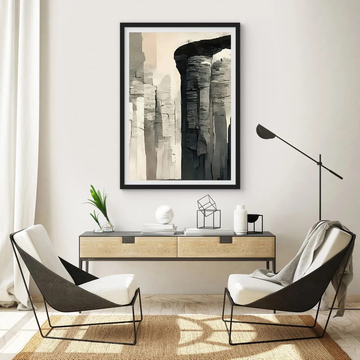 Poster in een zwarte lijst - Monumentale rotsformaties in grijstinten - 50x70cm - De majesteit van de oudheid - Moderne wanddecoratie voor woonkamer en slaapkamer ARTTOR