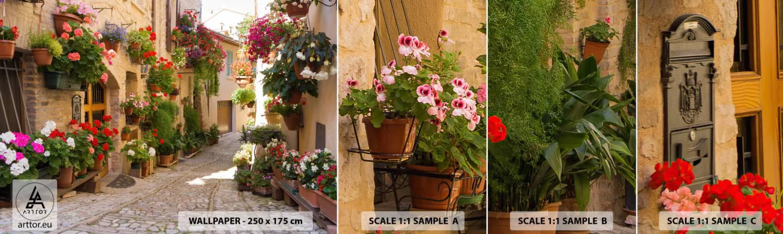 Fotobehang Monster Zelfklevend Deluxe Sticker - In de vloed van bloemen - Stad, Italië, Mooie straten - 100x30 cm