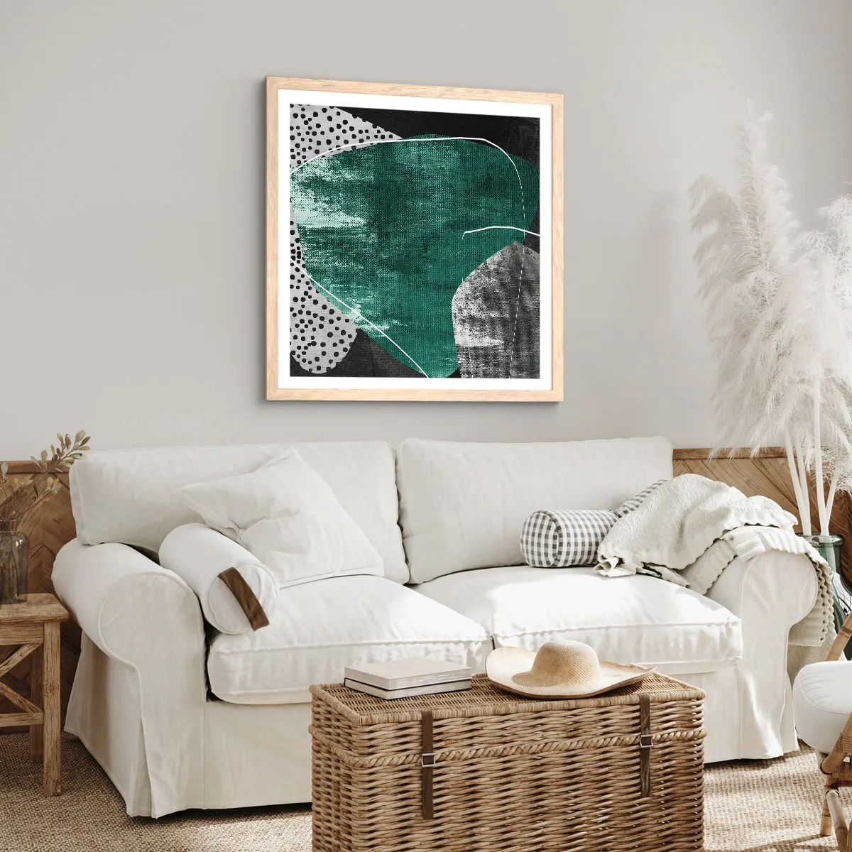 Een poster in een licht eiken lijst - Kleurrijke abstractie met bladgoud - 50x50 cm