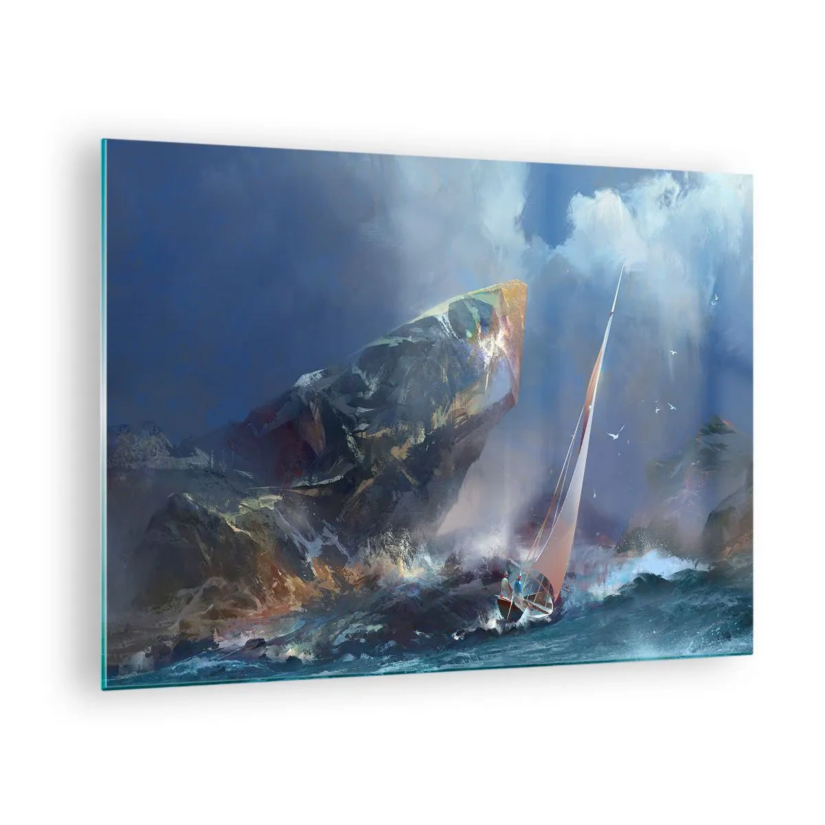 Schilderen op glas - Een zeilboot in een storm voor een rotsachtige kust - 70x50cm - Wie de moed heeft, wint - Moderne wanddecoratie voor woonkamer en slaapkamer ARTTOR
