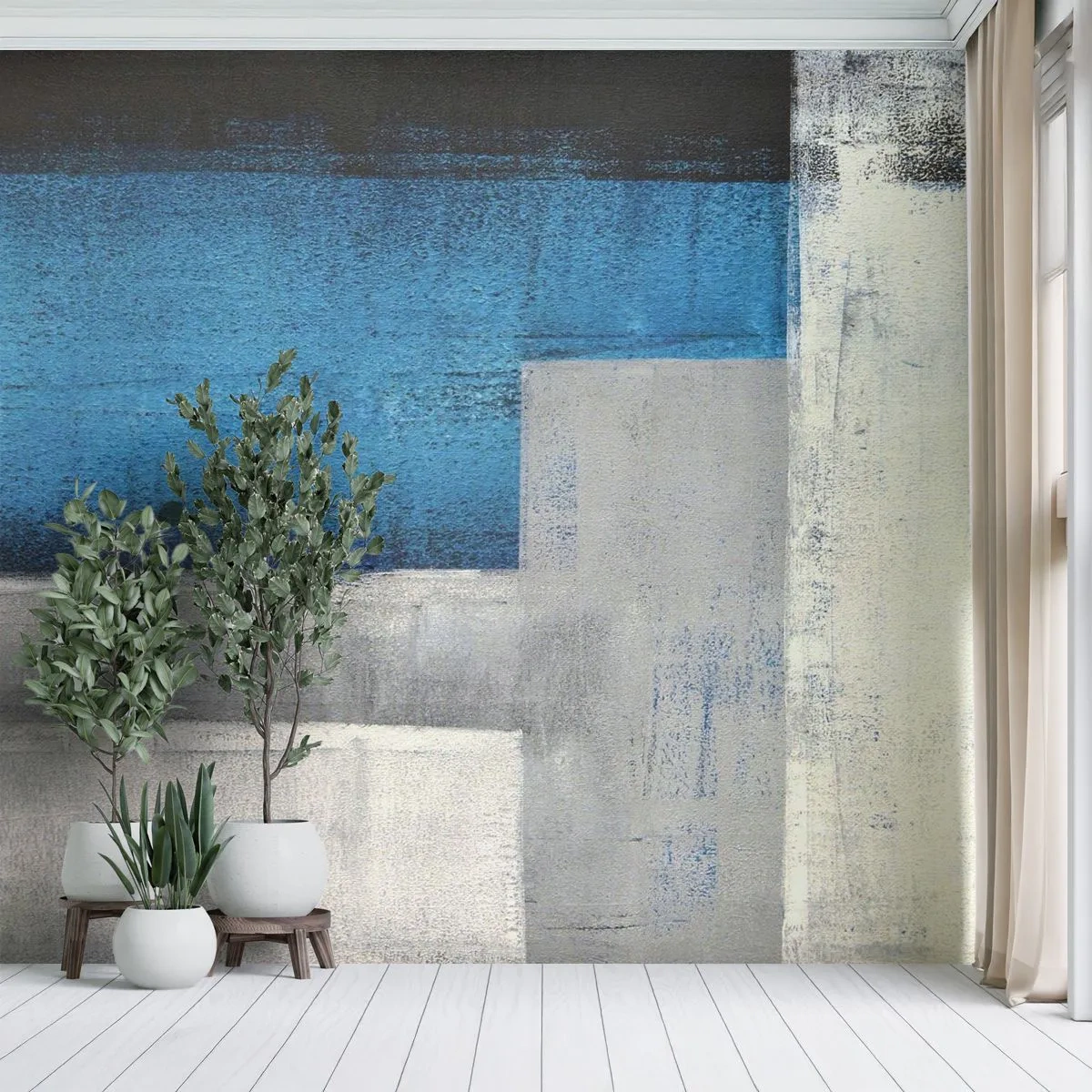 Fotobehang Premium Sand - Een poëtische compositie van grijs en blauw - Abstractie, Deel, Schilderen - 100x70 cm