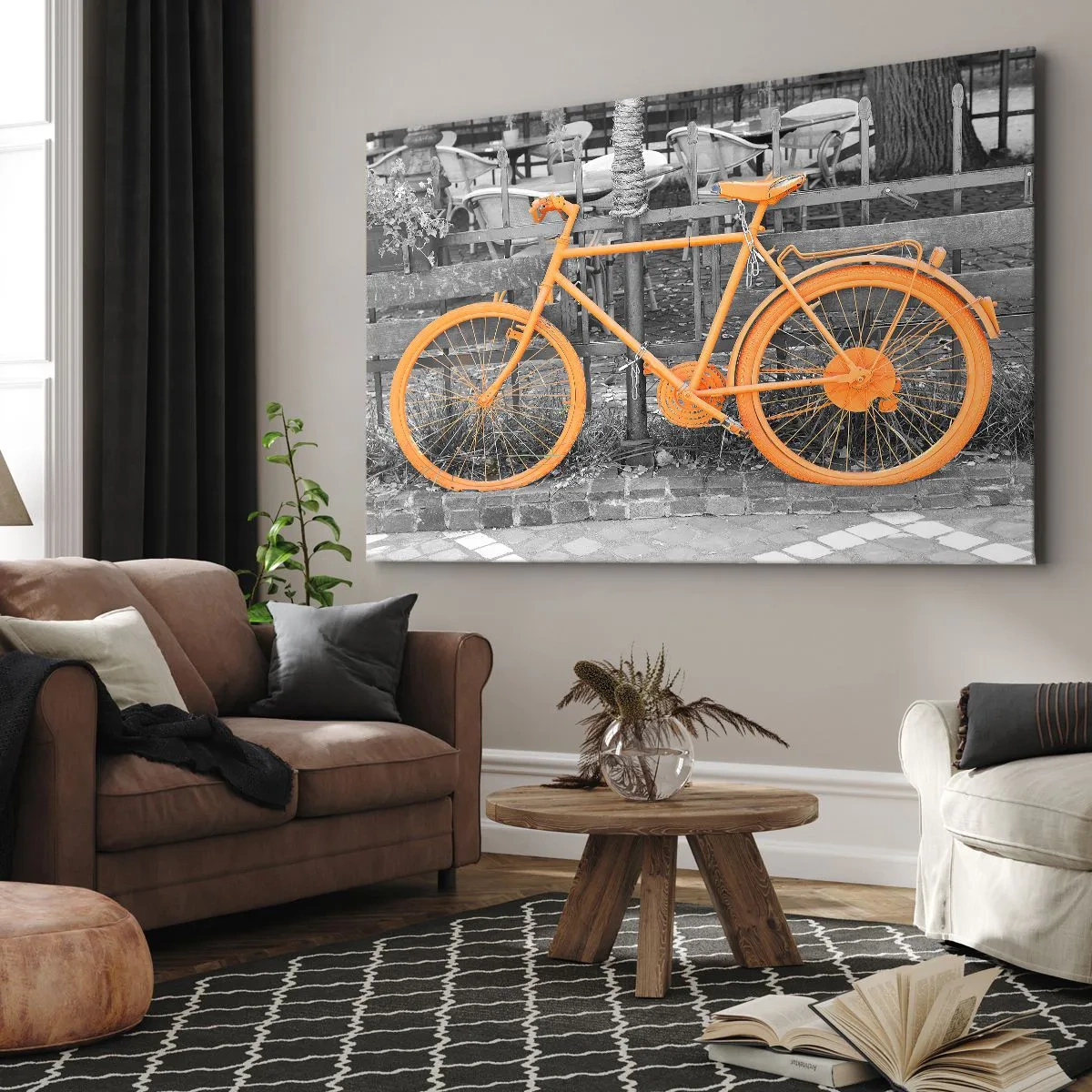 Schilderen op canvas - Artistieke foto van een gele fiets tegen een zwart-witte achtergrond - 70x50cm - Ga, ik wacht hier - Moderne wanddecoratie voor woonkamer en slaapkamer ARTTOR