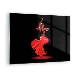 Schilderen op glas - Flamencodanseres in een rode jurk tegen een zwarte achtergrond - 70x50cm - De vurige geest van flamenco - Moderne wanddecoratie voor woonkamer en slaapkamer ARTTOR