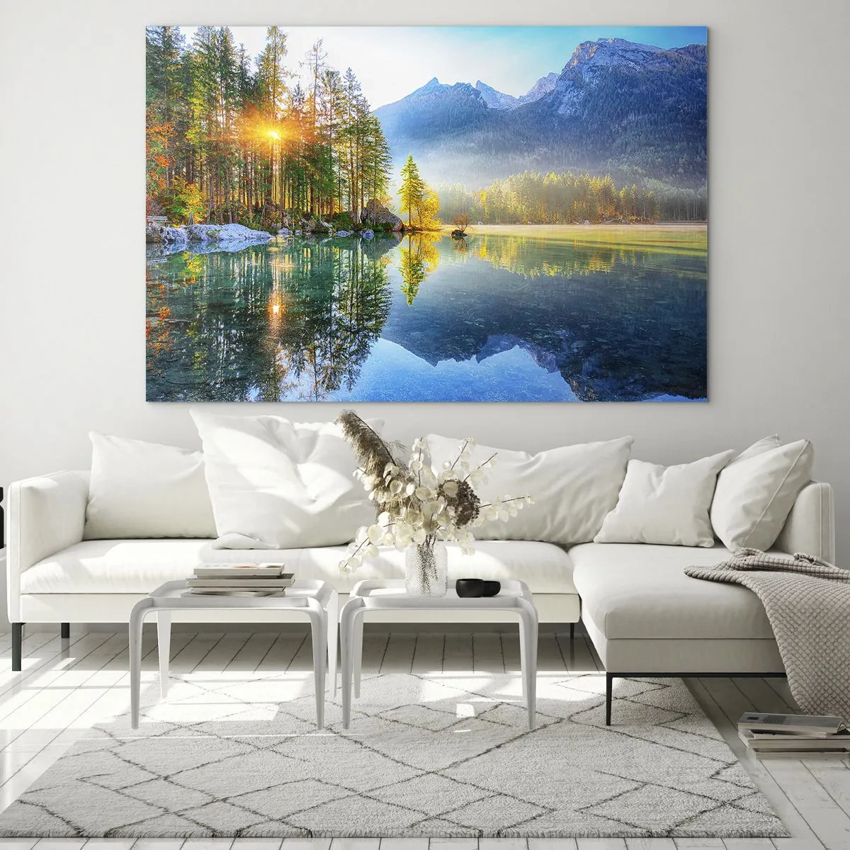 Schilderen op glas - Berglandschap met een meer en de ochtendzon - 70x50cm - Majesteit en zoetheid - Moderne wanddecoratie voor woonkamer en slaapkamer ARTTOR