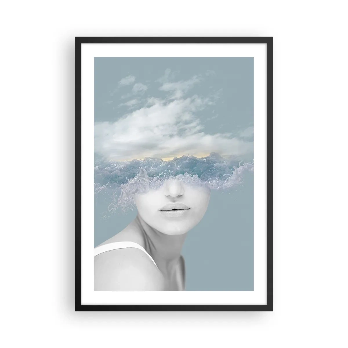 Poster in een zwarte lijst - Een vrouw met oceaan golven als ogen - 50x70cm - Met hoofd in de wolken - Moderne wanddecoratie voor woonkamer en slaapkamer ARTTOR