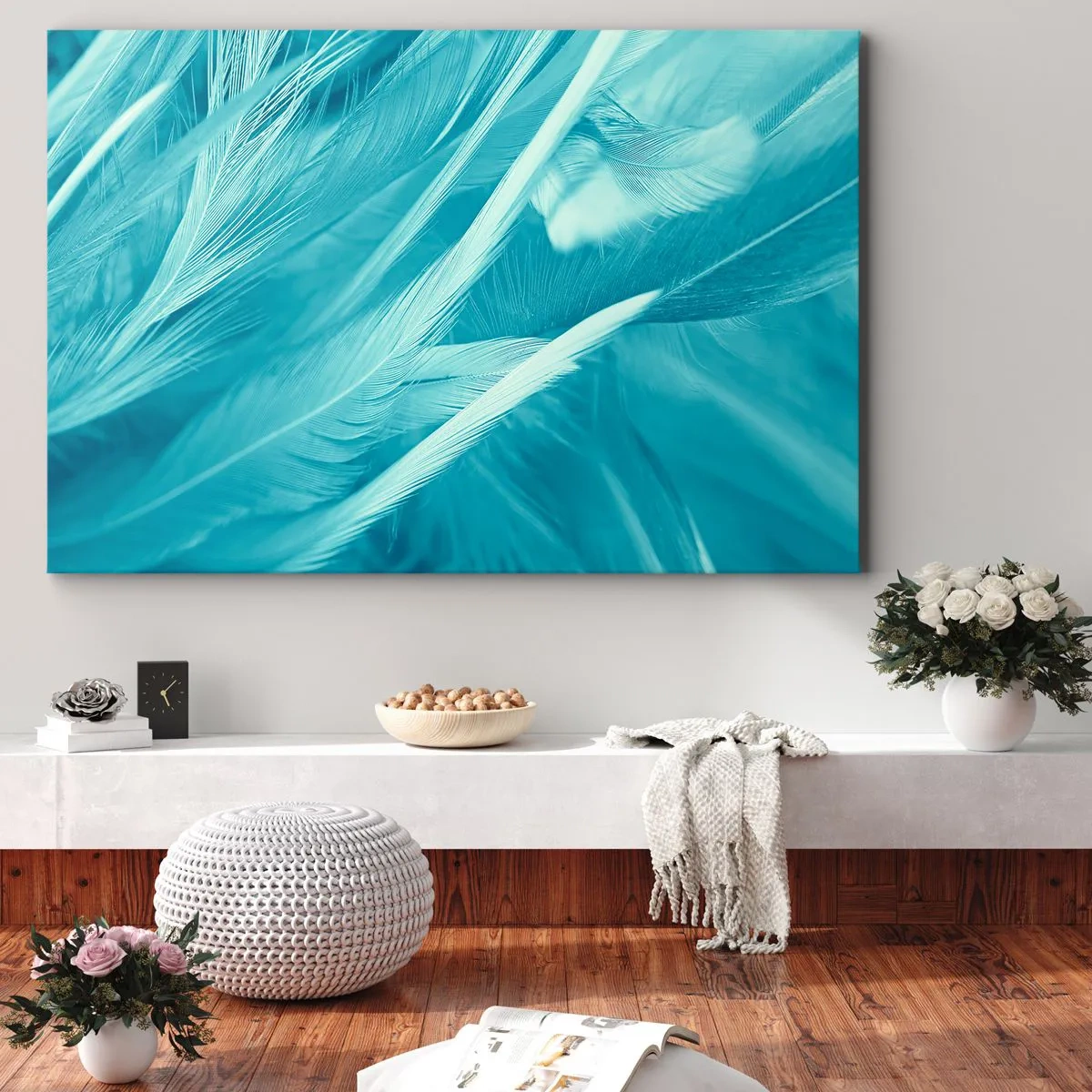 Schilderen op canvas - Delicate turquoise veren van dichtbij - 70x50cm - Verdrinken in pluisjes - Moderne wanddecoratie voor woonkamer en slaapkamer ARTTOR
