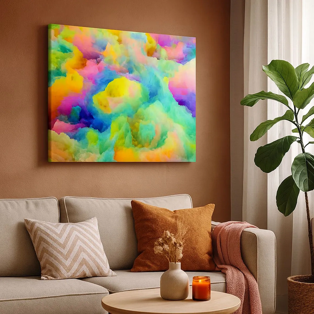 Schilderen op canvas - Abstracte compositie in regenboogkleuren - 70x50cm - Regenboog dons - Moderne wanddecoratie voor woonkamer en slaapkamer ARTTOR