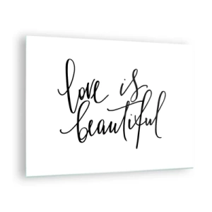 Schilderen op glas - Het citaat 'liefde is mooi' in een elegante, handgeschreven stijl op een witte achtergrond - 70x50cm - Lees en herhaal - Moderne wanddecoratie voor woonkamer en slaapkamer ARTTOR