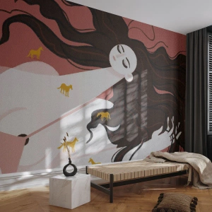 Fotobehang Premium Canvas - Droom over een gouden paard - Vrouw, Portret, Minimalisme - 500x350 cm