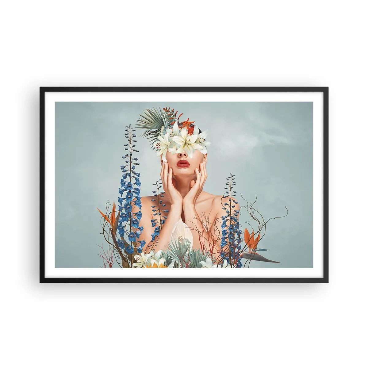 Poster in een zwarte lijst - Vrouw - bloem - 91x61 cm