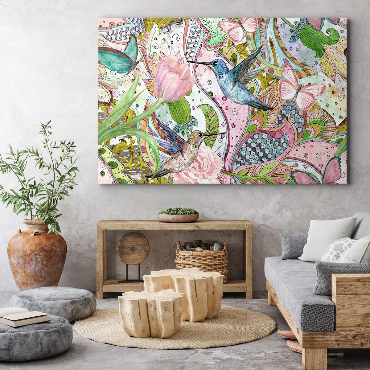 Schilderen op canvas - Kleurrijke kolibries en vlinders tussen de planten - 70x50cm - Verstrikt in wijnstokken - Moderne wanddecoratie voor woonkamer en slaapkamer ARTTOR