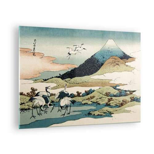 Schilderen op glas - Een schilderij van vogels in een Japans landschap met uitzicht op de berg Fuji. - 70x50cm - In de Japanse geest - Moderne wanddecoratie voor woonkamer en slaapkamer ARTTOR